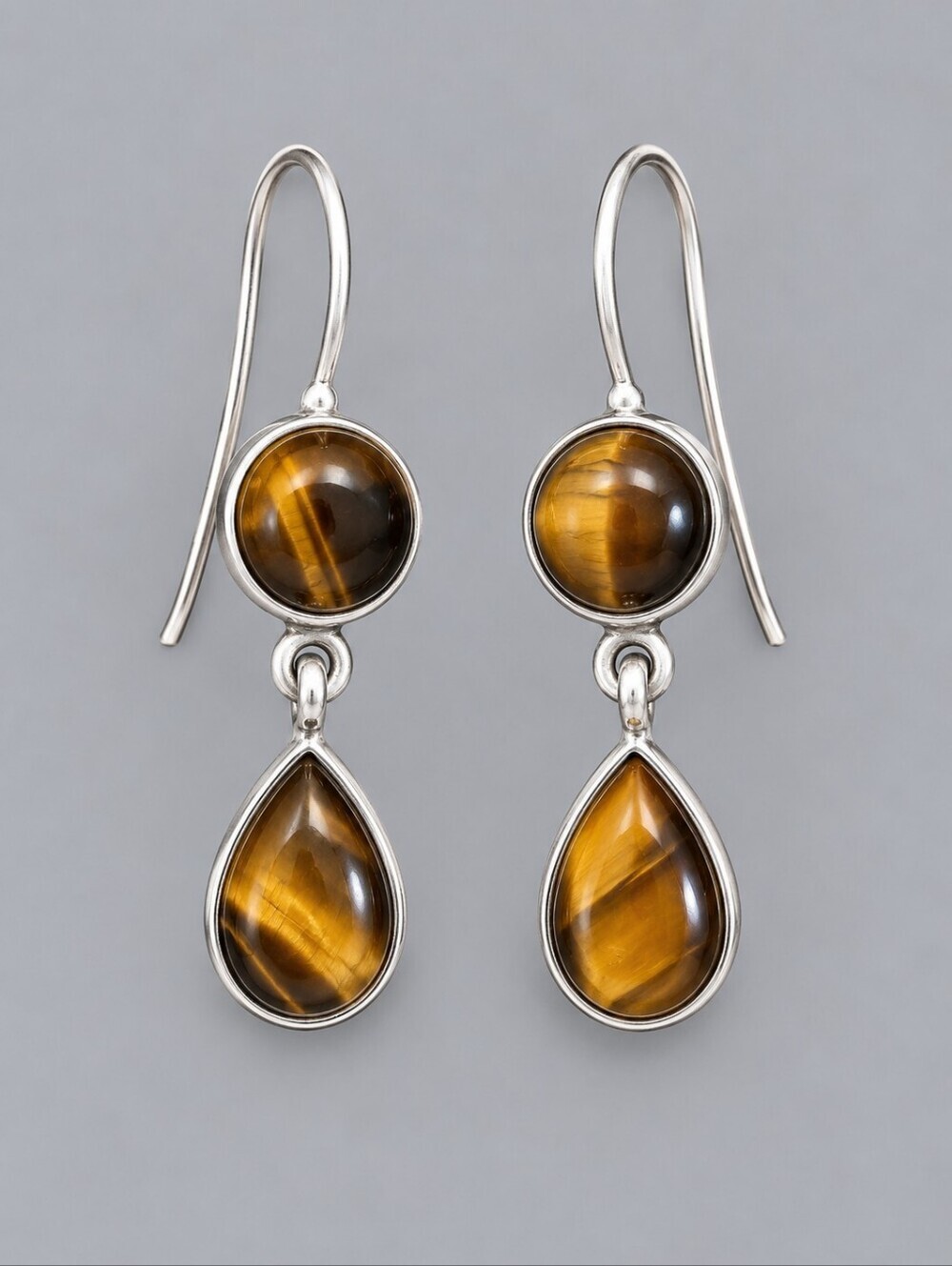 Dainty Silver Plated Brown Tiger Eye Teardrop Dangle Hook Earrings